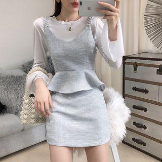 Set: Long-sleeve Top + Sleeveless Peplum Top + Mini Skirt