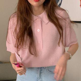 Short-sleeve Ribbed Polo Knit Top Pink - One Size