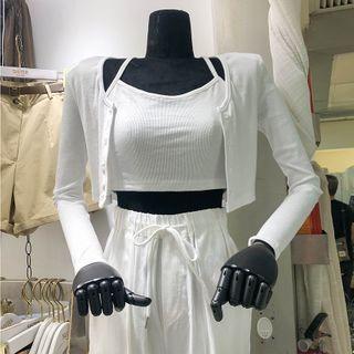 Set: Plain Cropped Camisole Top + Cropped Cardigan