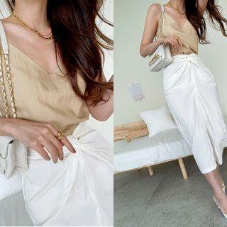 Spaghetti-strap Plain Top Beige - One Size
