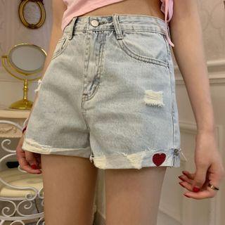 Heart Embroidered High-waist Distressed Denim Shorts