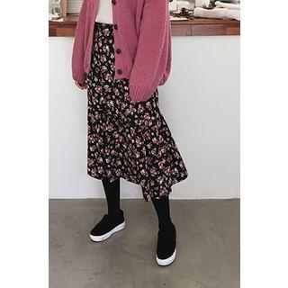 Flower Pattern Ruffled Long Skirt