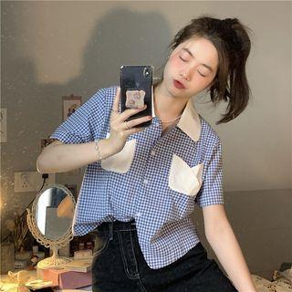 Short-sleeve Gingham Blouse Plaid - Blue & White - One Size