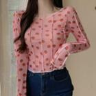 Long-sleeve Strawberry Print Mesh Top Pink - One Size