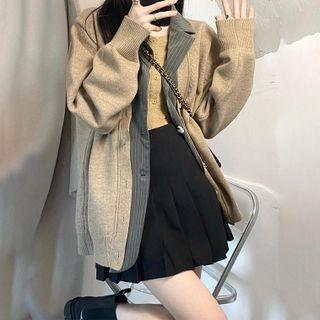 Striped Panel Cardigan / Pleated Mini A-line Skirt / Set