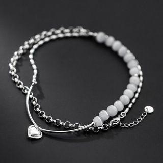 Heart Cat Eye Stone Layered Sterling Silver Bracelet Silver - One Size