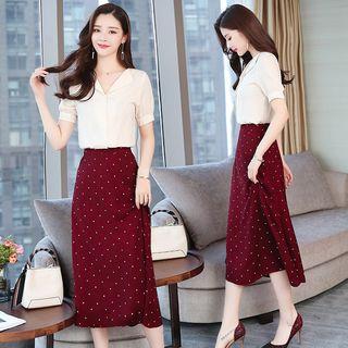 Set: Short-sleeve V-neck Shirt + Polka Dot Midi A-line Skirt