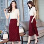 Set: Short-sleeve V-neck Shirt + Polka Dot Midi A-line Skirt