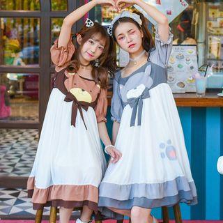 Bear Print Elbow Sleeve Midi Dress