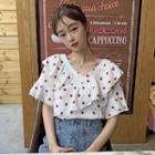 Elbow-sleeve Strawberry Patterned Ruffled Top