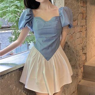 Puff Sleeve Square-neck Panel Mock Two-piece A-line Dress