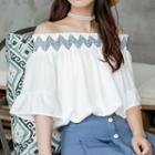 Bell Elbow-sleeve Embroidered Off-shoulder Chiffon Top