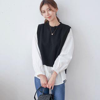 Set: Dip-back Knit Vest + Balloon-sleeve Shirred Blouse