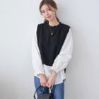 Set: Dip-back Knit Vest + Balloon-sleeve Shirred Blouse