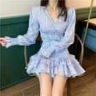 Striped V-neck Long-sleeve Slim-fit Dress