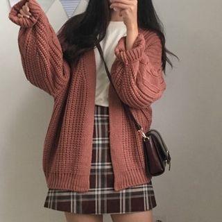 V-neck Plain Cable Knit Loose Fit Cardigan