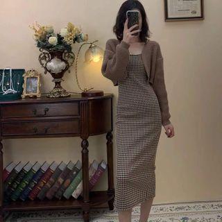 Spaghetti Strap Houndstooth Midi Sheath Dress / Cropped Cardigan