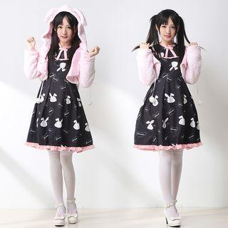 Rabbit Print Long-sleeve A-line Dress / Rabbit Ear Hooded Jacket