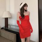 Spaghetti Strap Mini Sheath Dress / Fluffy Scarf