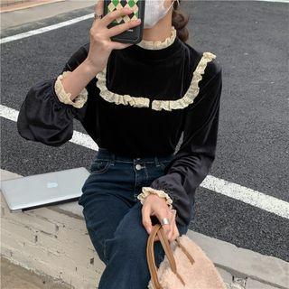 Stand-collar Lace Trim Long-sleeve Shirt
