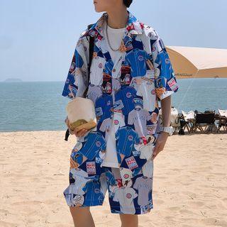 Set: Short-sleeve Print Shirt + Straight Leg Shorts