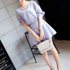 Short-sleeve Patterned Dress Blue - One Size