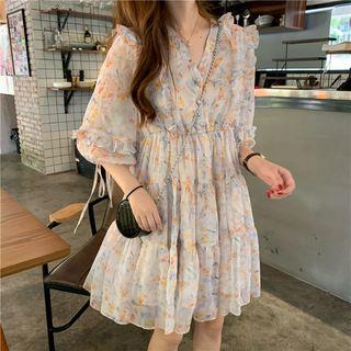 Floral Ruffle 3/4-sleeve A-line Dress Dress - Floral - One Size
