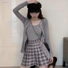 Knit Camisole Top / Cropped Cardigan / Plaid Pleated Mini A-line Skirt / Set
