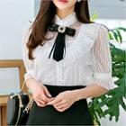 Stand-collar Elbow-sleeve Sheer Blouse