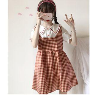 Mock Two-piece Plaid Panel Short-sleeve A-line Dress