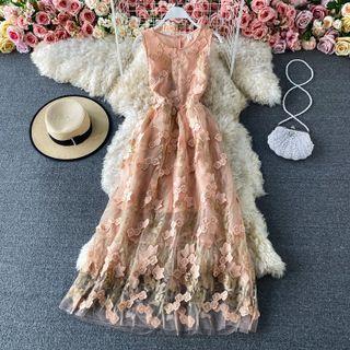 Floral Applique Mesh Sleeveless Dress