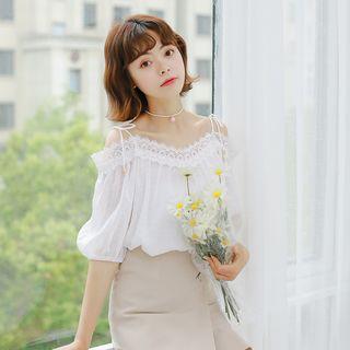 Lace Trim Off-shoulder Elbow-sleeve Blouse