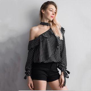Cold-shoulder Dotted Ruffled Blouse