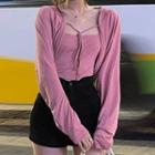 Set: Tie-front Cardigan + Camisole Top Set Of 2 - Camisole - Pink - One Size / Shorts - Black - One Size