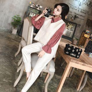 Set: Lantern-sleeve Blouse + V-neck Knit Vest + High Waist Slim-fit Pants