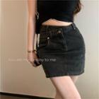 Contrasted Boatneck Ruched Crop Top / Asymmetric High-waist Denim Mini Skirt