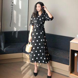 V Neckline Dotted Shot-sleeve Dress Black - One Size