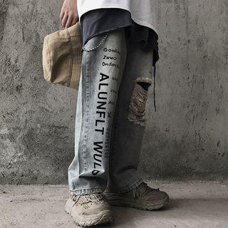 Lettering Ripped Wide Leg Jeans