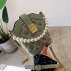 Quilted Faux Leather Faux Pearl Strap Bucket Bag