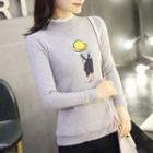 Mock-neck Cartoon Embroided Knit Top