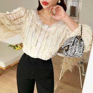 Scoop-neck Balloon-sleeve Lace Blouse