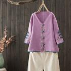 Embroidered Frog Button 3/4 Sleeve Blouse