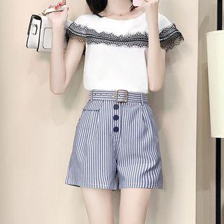 Set: Lace Panel Short-sleeve T-shirt + Pinstripe Wide Leg Shorts