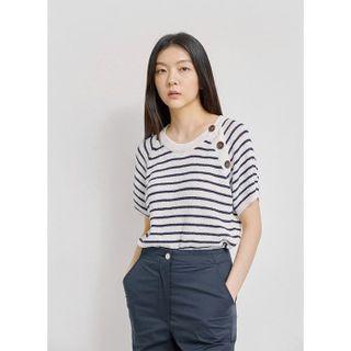 Button-trim Stripe Knit Top Ivory - One Size