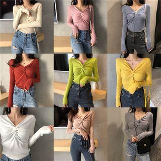 Twisted V-neck Rib Knit Top