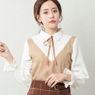 Mock Two Piece Tie Neck Shirt