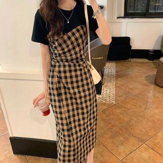 Round-neck Panel Plaid Short-sleeve Dress