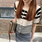 Short-sleeve Striped Cropped Knit Top Stripe - Black & Beige - One Size