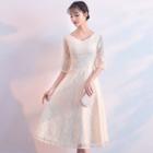 Elbow-sleeve Lace Midi Prom Dress