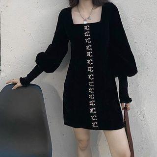 Puff Sleeve Square Neck Velvet Shift Dress
